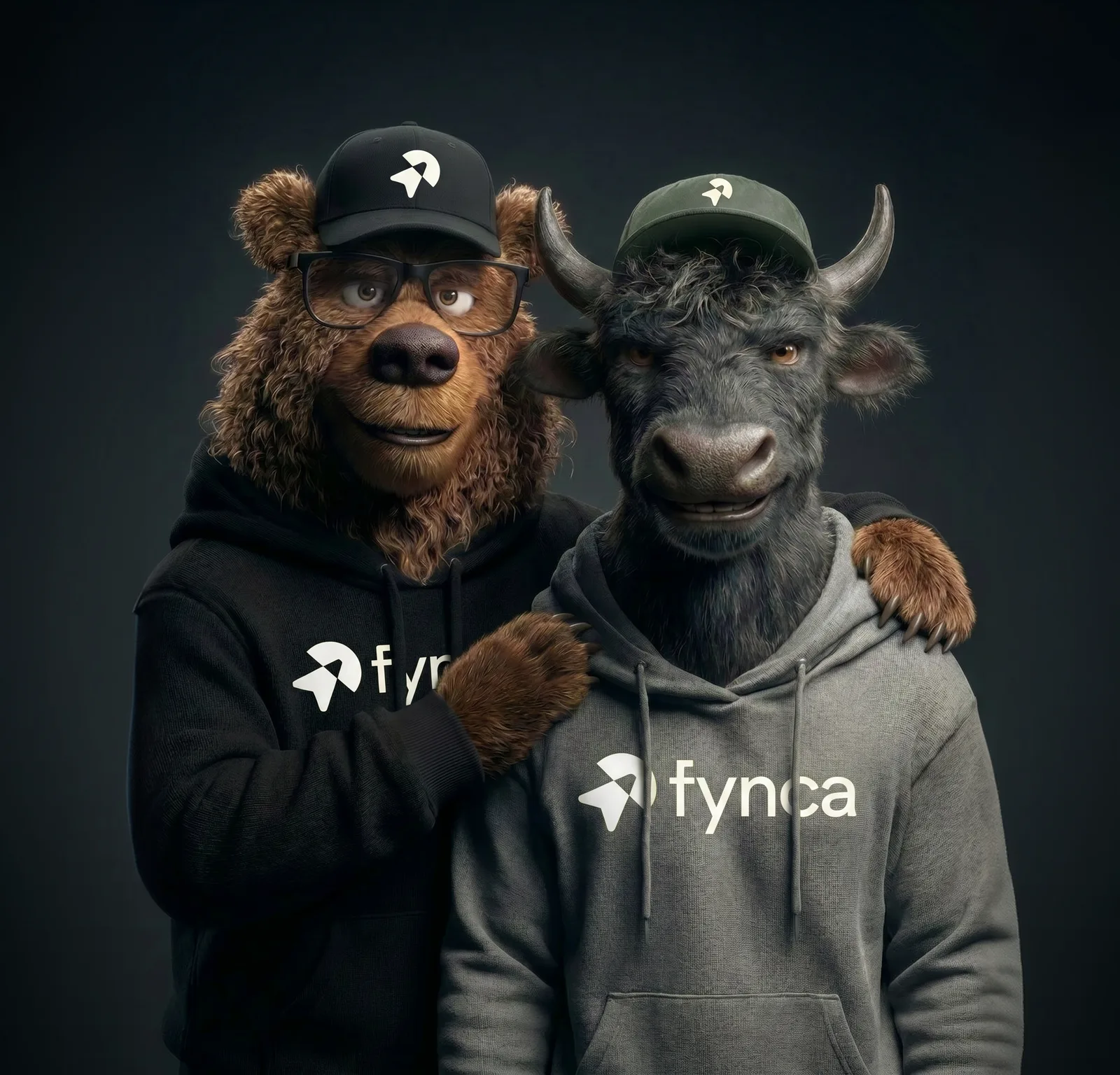 Bob the bear and Charlie the bull wearing Fynca hoodies and caps